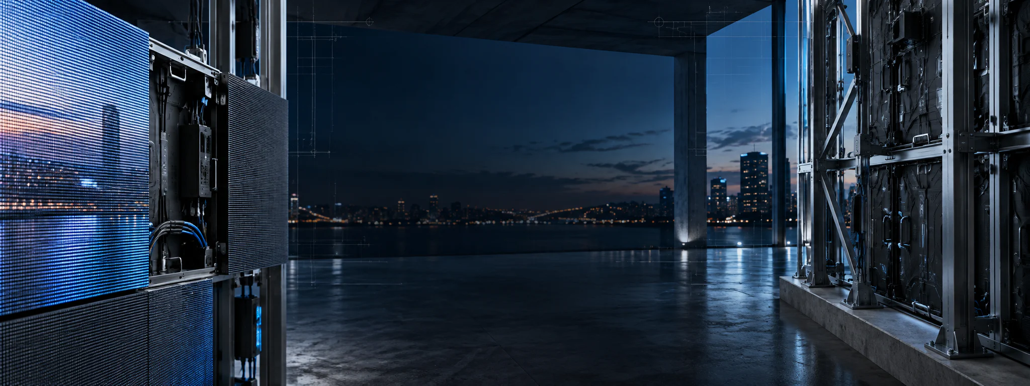 LED ekran modülleri, kontrol altyapısı ve çelik konstrüksiyon detayları